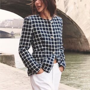 ZARA Tweed Preppy Knot Button Blazer Jacket Plaid XL Navy Blue White
